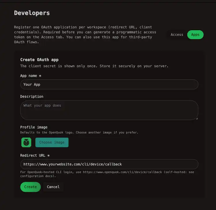 Create a New App in OpenQuok Developer Access settings